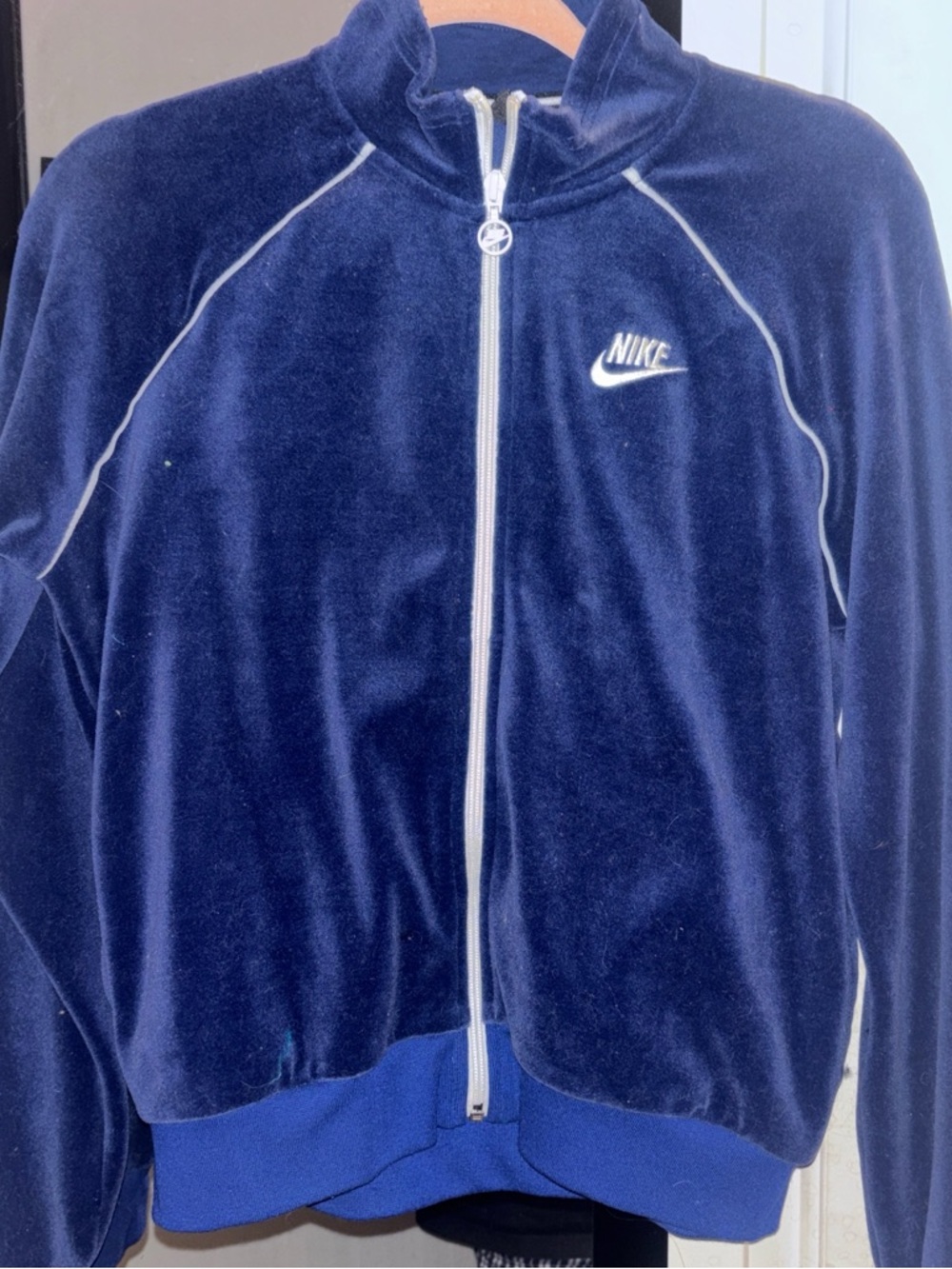 Nike Navy and White Velour Zip Jacket
